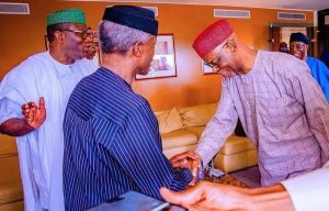 Osinbajo exchanging greetings with Oyegun while Ekiti state governor and co aspirant Kayode Fayemi,looks on.