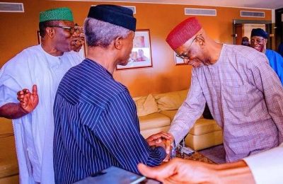 Osinbajo exchanging greetings with Oyegun while Ekiti state governor and co aspirant Kayode Fayemi,looks on.